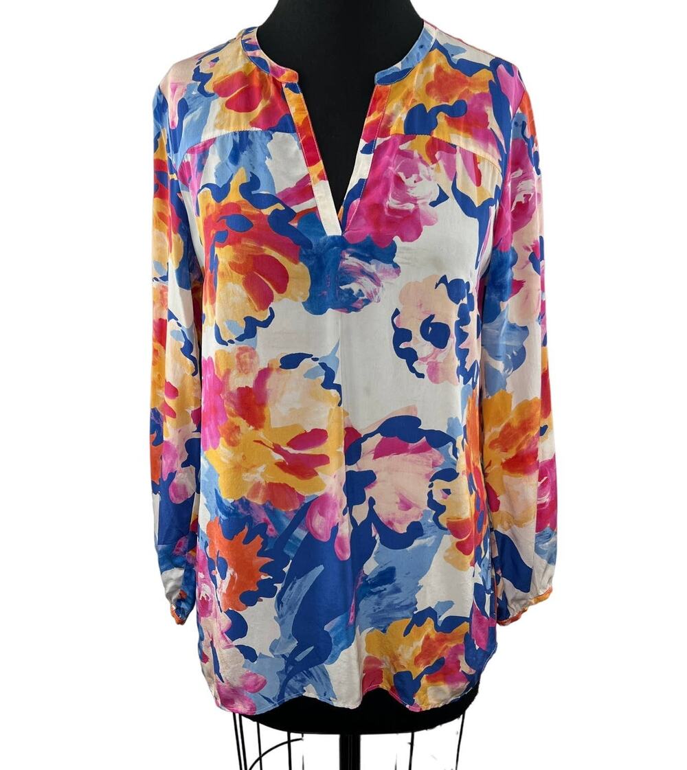Tyler Boe Watercolor Floral Multi Long Sleeve Silk Blouse Popover S FLAW